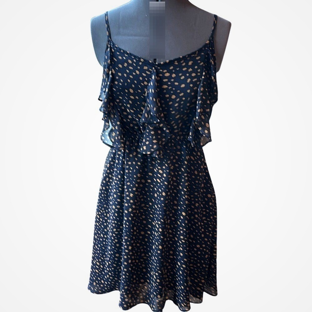 YA Los Angeles Navy Tan Polka Dot Silk Blend Ruffle Mini Dress Medium